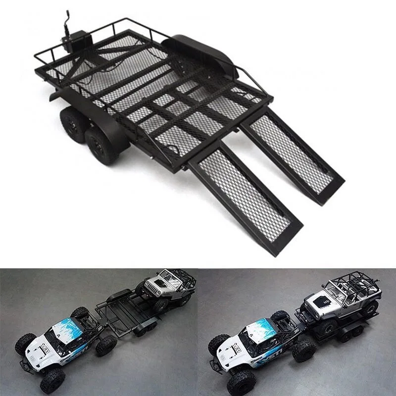 1/8 1/10 Dual Axle Metal Flatbed Trailer for RC Crawler, Universal Tow Hitch for TRX4 KM2 D90 SCX10 Rock Crawler Upgrade Parts