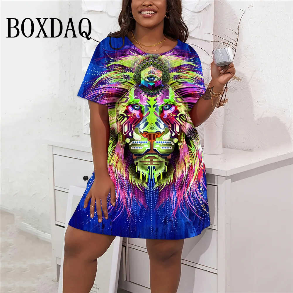 Hip Hop Lion 3D Printed Dresses For Women Clothes Fashion Abstract Painted Streetwear Short Sleeve Casual Plus Size Loose Dress