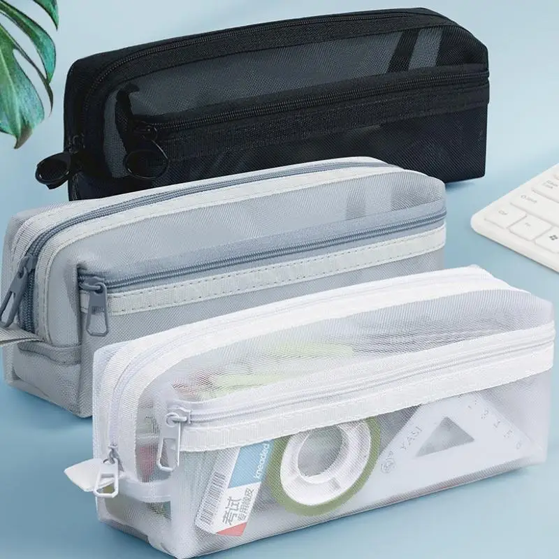 Grid Mesh Pencil Case Large Capacity Stationery Organizer Clear Translucent Cosmetic Bag Storage Bag