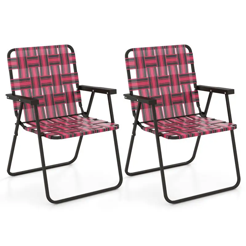 

2 Pieces Folding Beach Chair Camping Lawn Webbing Chair-Red