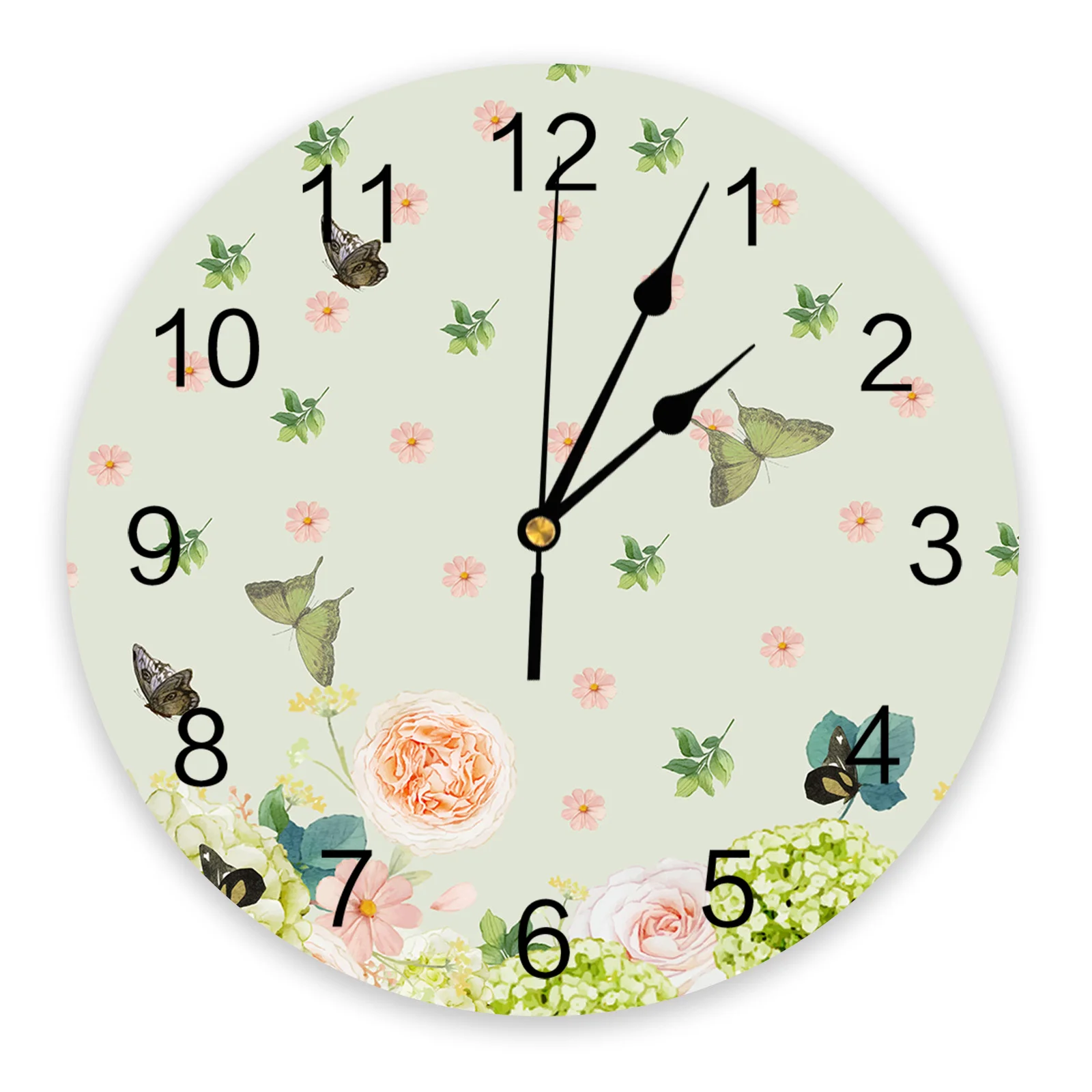 Plant Flower Butterfly Illustration Green Printed Wall Clock Modern Silent Clock Living Room Home Decor Wall Hanging Watch