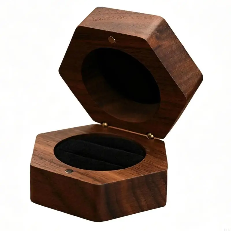 Jewelry Display Ring Case Wooden Hexagon Ring Box with Hinged Lid, Soft Dark Lining and Two Ring Slots for Showcase Styling