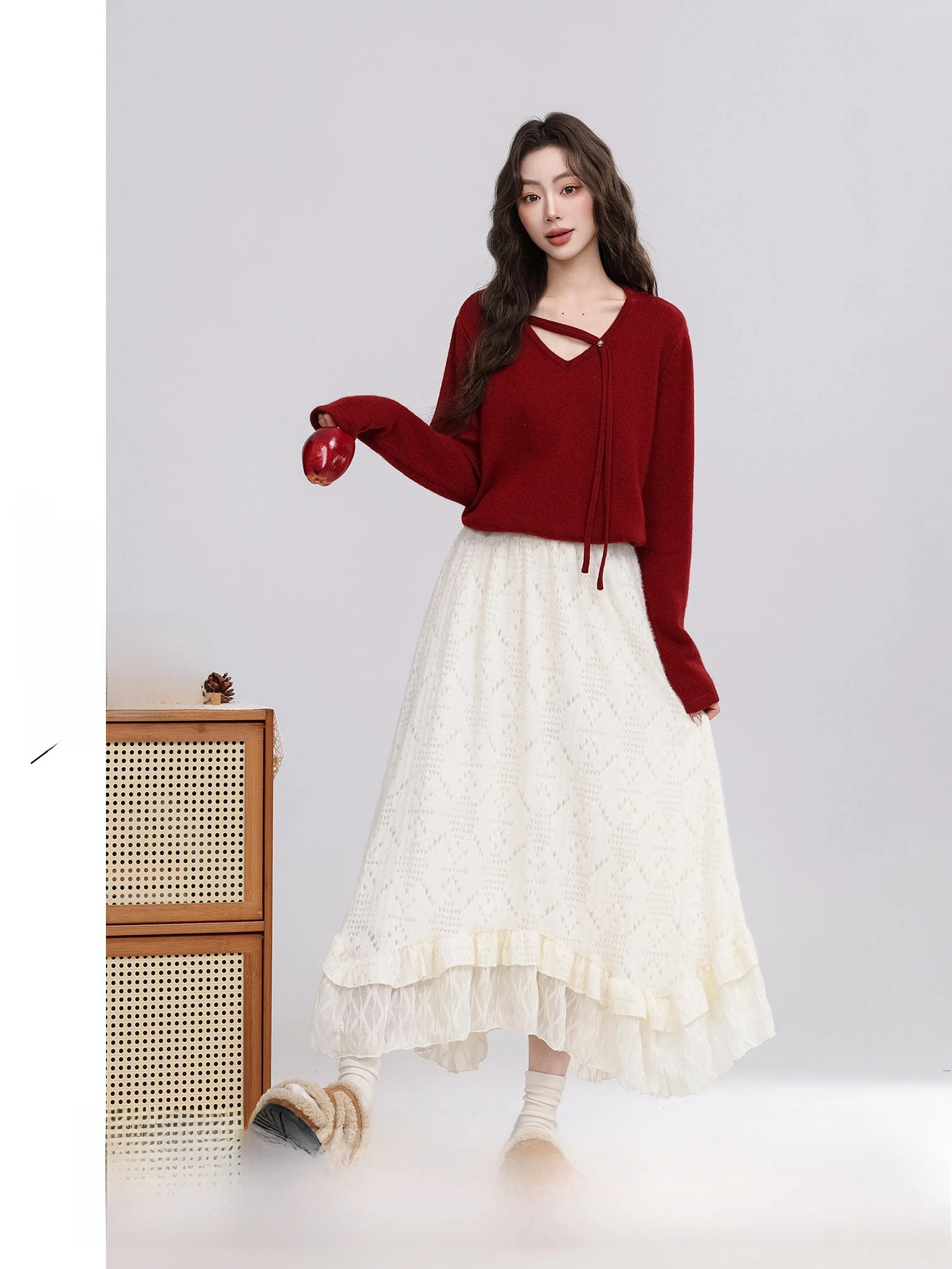 

High Waist A-Line Long Lace Asymmetrical Skirt Women's Spring New Sle Vintage Polyester Fiber Nylon Spandex Skirt