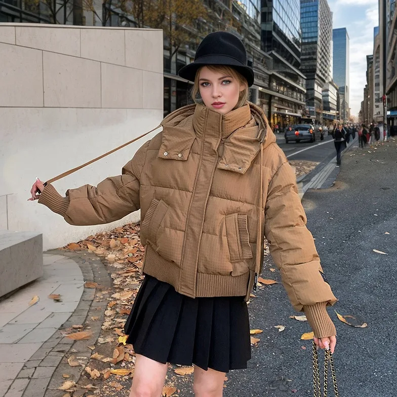 

Winter Women's Winter Jacket Female Hooded Pure Color Thicken Warm Cotton Jacket 2 Pocket Threaded Splicing Short Cotton Jacket