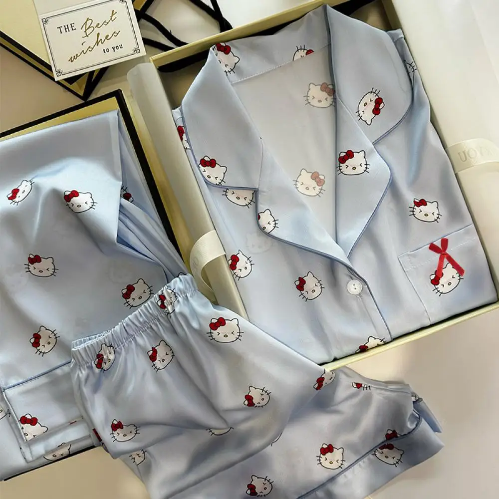 

Пижамный костюм с рисунком «Hello Kitty», 3 шт., высококачественный ледяной шелк Sanrioed, женская осенняя домашняя одежда в стиле аниме, милая тонкая одежда для сна с длинными рукавами