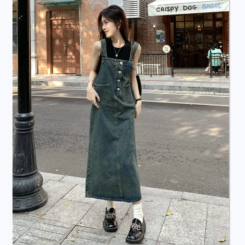 

Платье на бретелях, женские джинсовые платья, Vestidos на подтяжках, однобортное стираное платье без рукавов, лето 2025, уличная одежда, винтажный сарафан