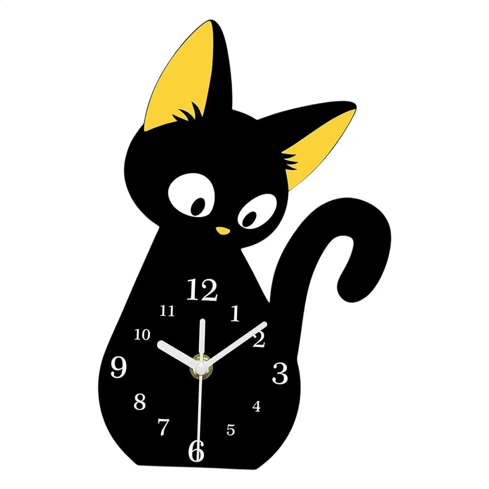 Desk Clock Black Cat Shape Analog Non Ticking Bedside Timepiece Shelf Clock for Living Room Kitchen Workplace Dorm Home Study