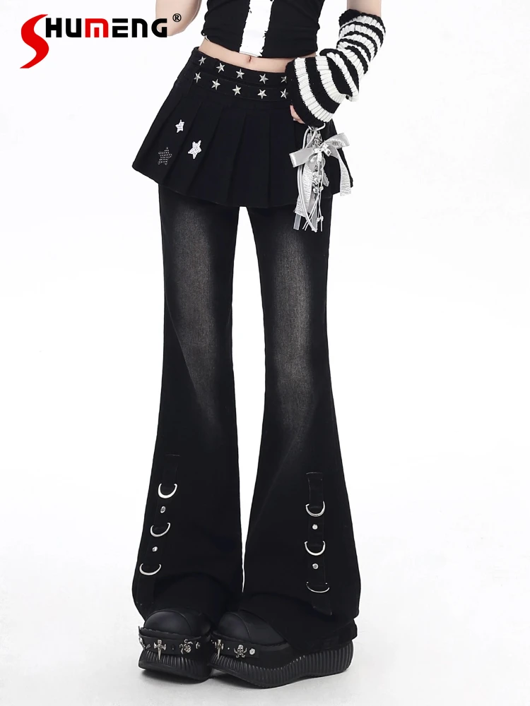 Original Subculture European Hot Girl Fashion Fake Two Pieces Jeans Autumn New 2025 Girl's Slim Fit Low Waist Wide Leg Pants