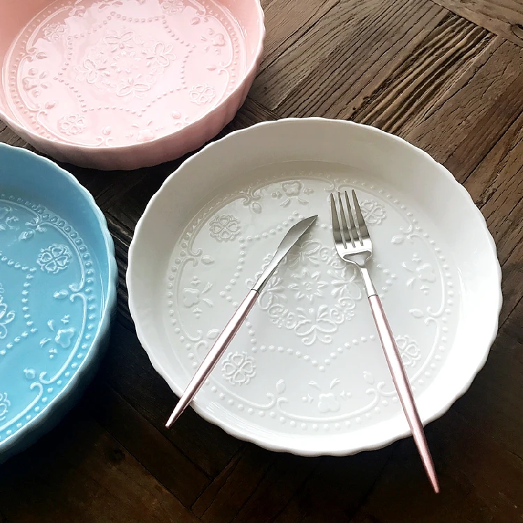 

Relief Deep Cerc Fruit Cake Plate European Sle Carved aron Color Dinnerware Adult round Di Handmade Flowe...