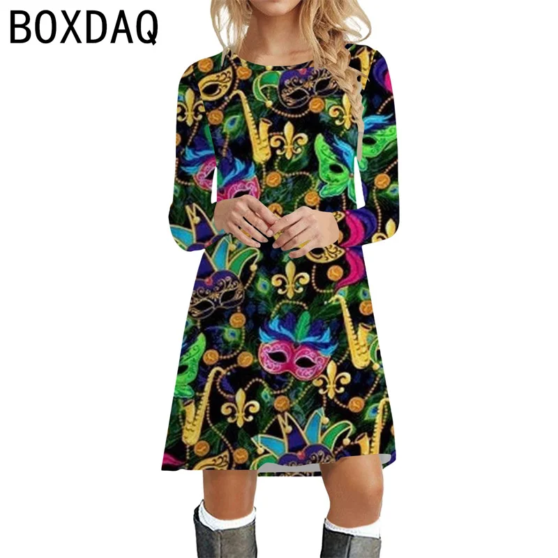 Mardi Gras Sequin Beads Carnival Party Dress Women Autumn Winter Long Sleeve O-Neck Casual A-Line Dress Big Size Female Vestidos