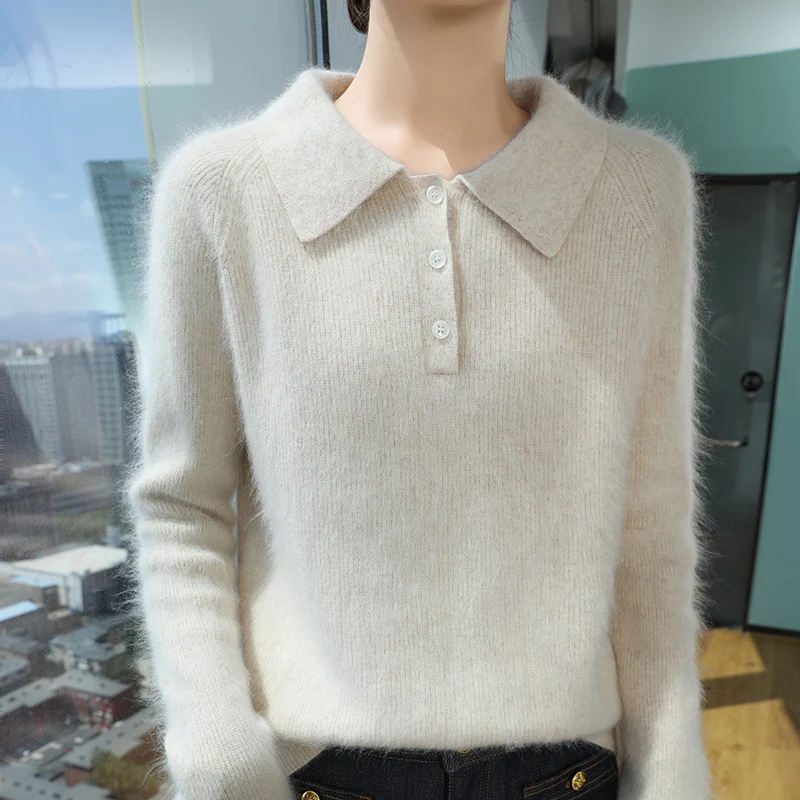 100% Mink Cashmere Women's Pullover Polo Collar Buttoned Sweater Autumn Winter Long Sleeve Knitwear Soft Warm Chic Clothings