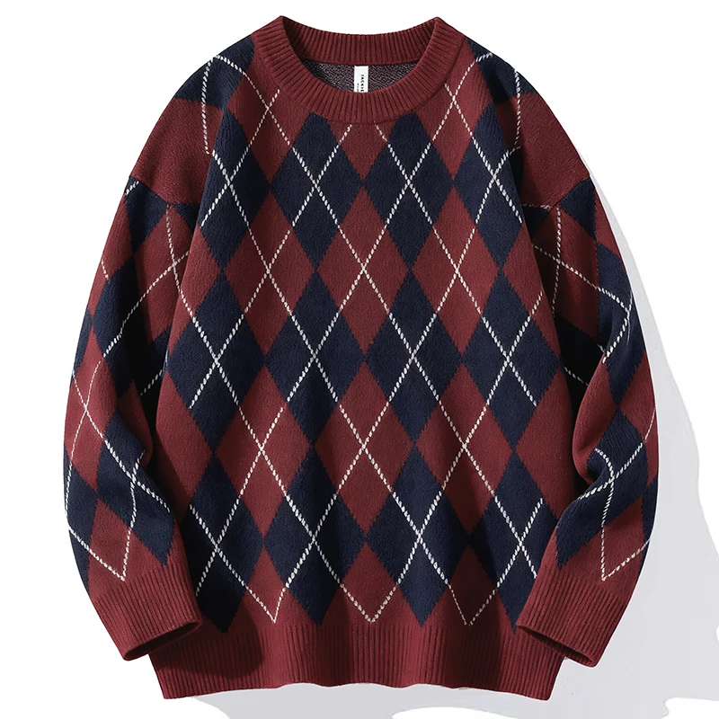 

Утепленный мужской свитер с ромбовидным узором, теплый, в стиле ретро, этнический, вязаный, осенне-зимняя новинка, повседневный стиль