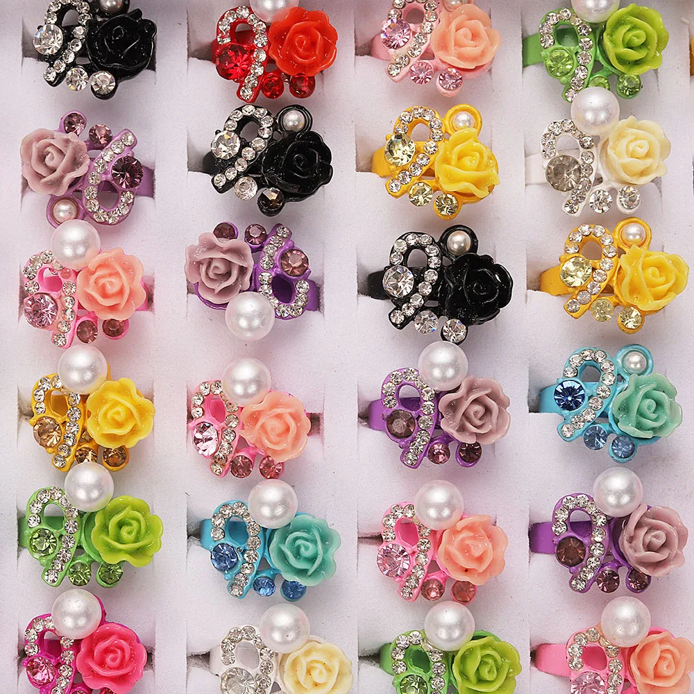 QianBei Wholesale 20pcs/Lot Womens Crystal Rhinestone Painting Rose Flower Finger Rings Free Shipping