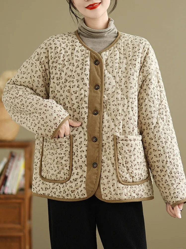 Thickened Cotton Jacket Women's Winter Fashionable Large Size Floral Print down Cotton Coat Outerwear Korean Style Loose Fit