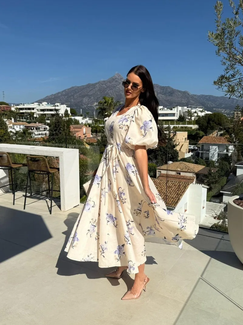 Trendy Floral Print Dress with Puff Sleeves V-neck Full Skirt and A Fresh Fitted Waist Floral Ankle-length Dress for Women