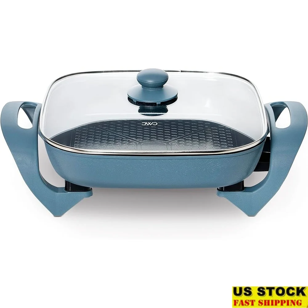 Electric Skillet 1400W Nonstick Ceramic Cooking Pan with Tempered Glass Lid Removable Heating Probe Easy Clean PFAS-Free
