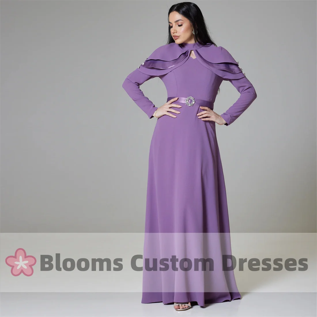 

Bloom Long Sleeves V-Neck Prom Dresses With Tiered Cape Elegant Evening Dresses A-Line Wedding Formal Party Gown For Birthday