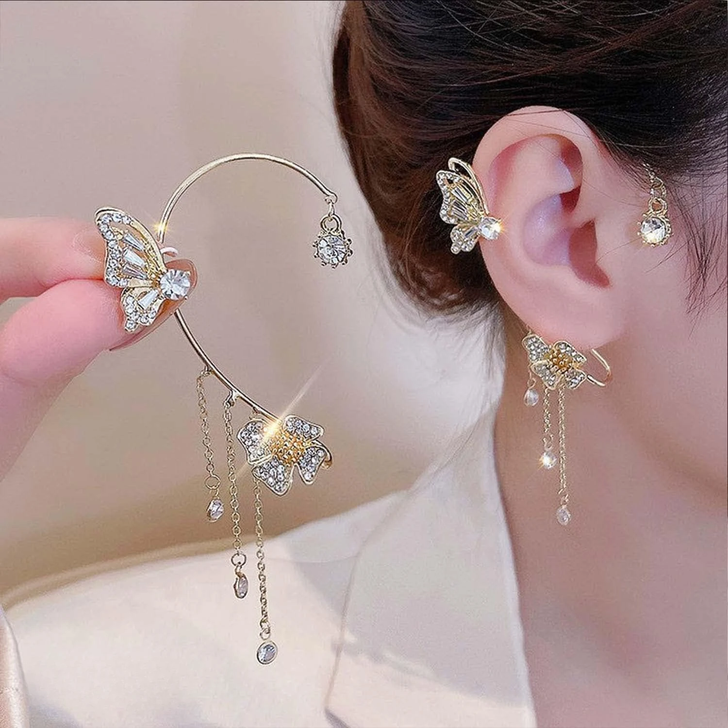 2PCS Butterfly Flowers Ear Cuffs Earrings Non-Pierced Sparkle Crystal Butterfly Tassel Chain Earrings Jewelry for Women