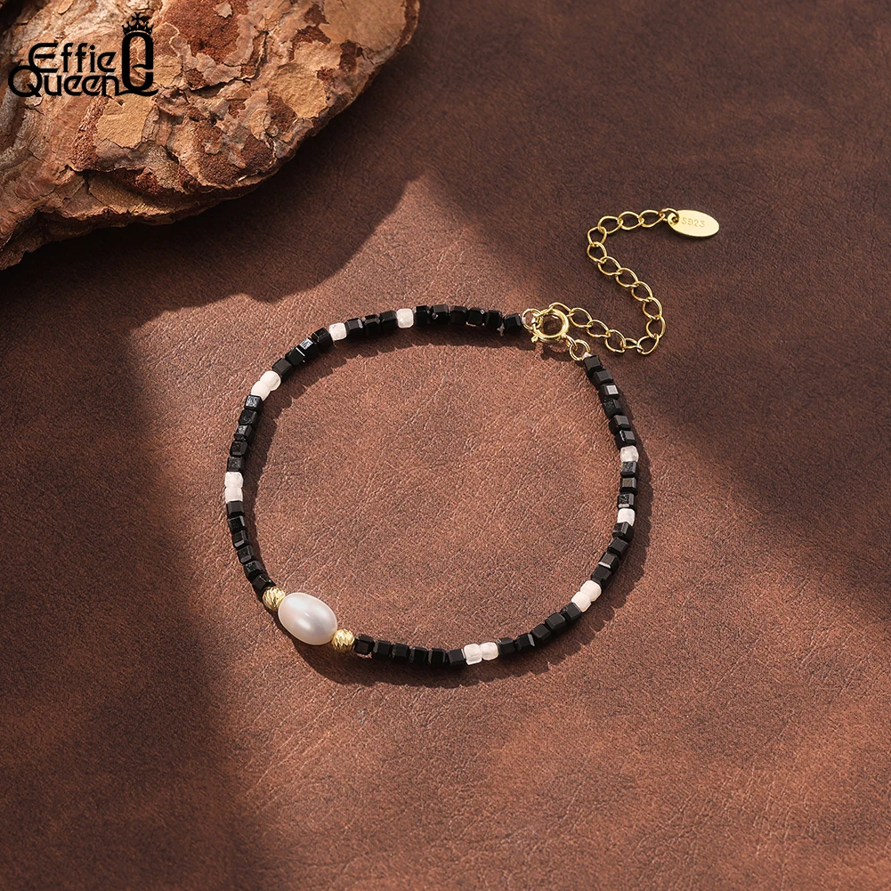 

Effie Queen Fashion 2MM Black Spinel Gothic Women Bracelet Chain with Single Pearl 925 Sterling Silver Stone Jewelry Gift MPB21