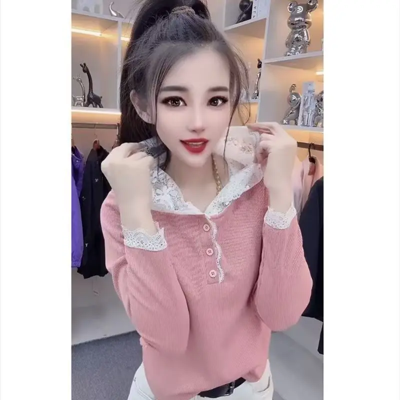 Women Lace Hooded Long Sleeve Top Button Decor Slim Fit Casual Fashion Soft Basic Undershirt