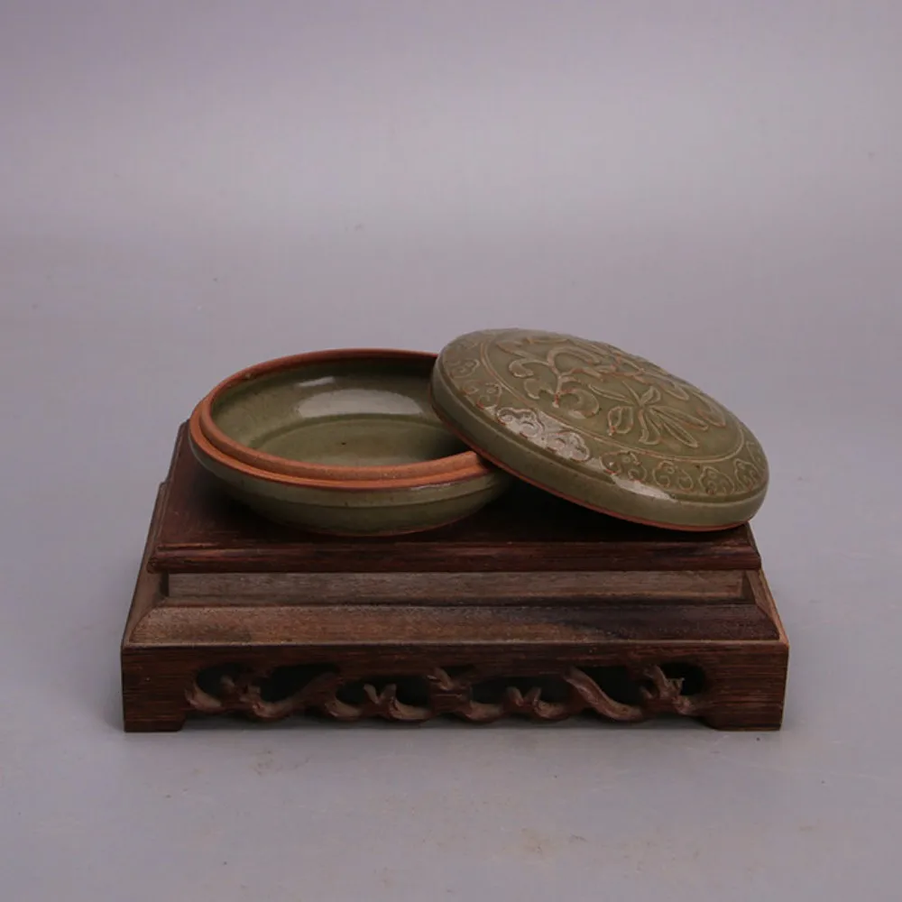 Chinese Yaozhou Kiln Style Celadon Carved Blue Flower Seal Paste Box Vintage Collectible Desk Decor