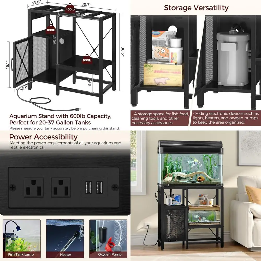 

Heavy-Duty 20-37 Gallon Aquarium Stand with Storage, Power Outlet, Ideal for Turtles and Reptiles, Black