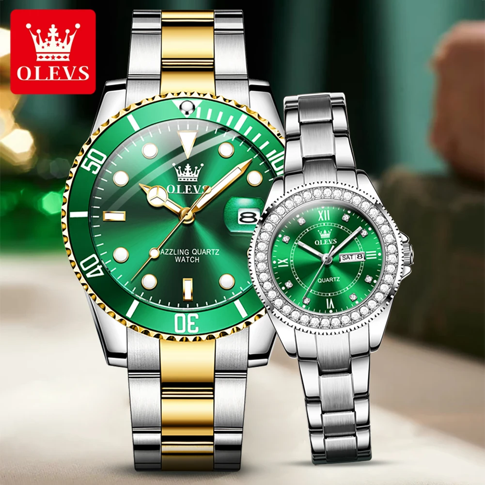 Olevs Luxe Merk Quartz Paar Horloge Heren Dames Klassieke Duikserie Mode Waterdichte Datum Klok Zijn Of Haar Horloge Set