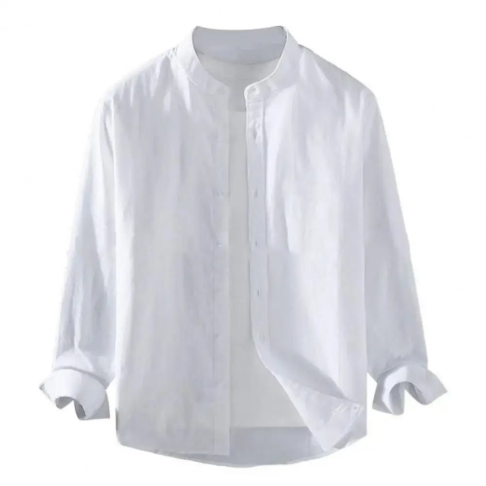 Men's Spring Single-breasted Stand Collar Cardigan Shirt Thickened Fleece Lined Nine-quarter Sleeve  Collar Autumn Wear