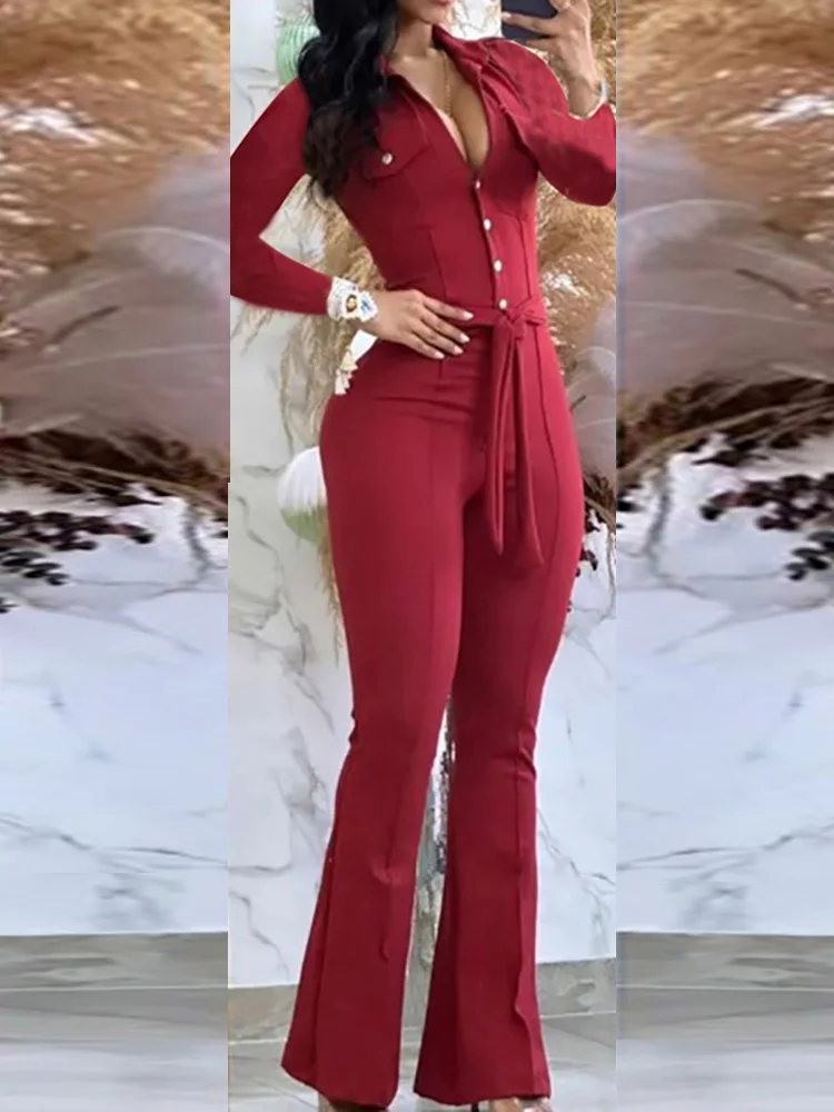 

Flare Pants Solid 2023 Playsuits, Women Spring Autumn Loungewear Long Sleeve Jumpsuits, New V-Neck Fashion Belt Ladies Bodysuits