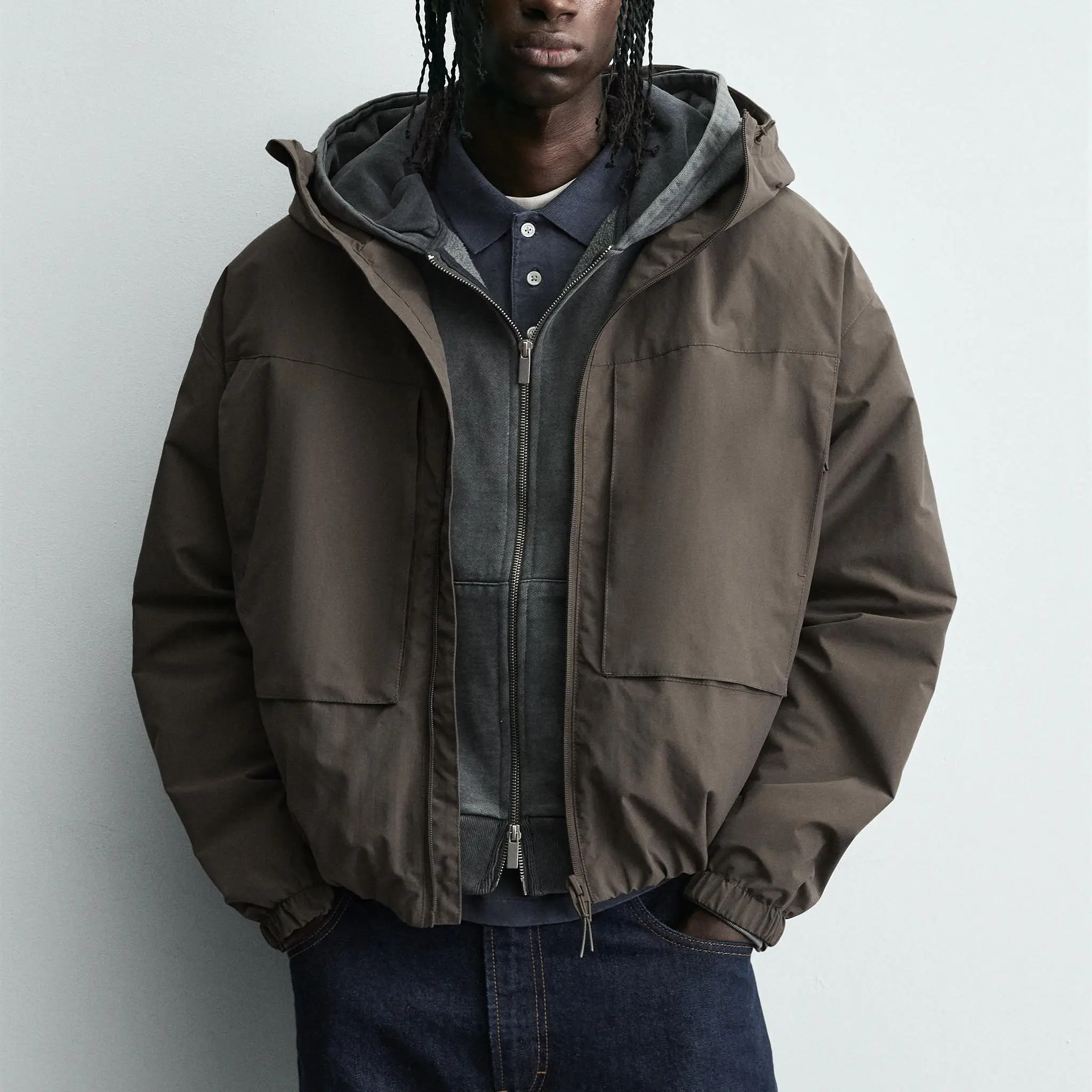 

Мужское теплое пальто из технической ткани в стиле пэчворк с капюшоном, осеннее новое поступление 82840, повседневное длинное пальто на молнии