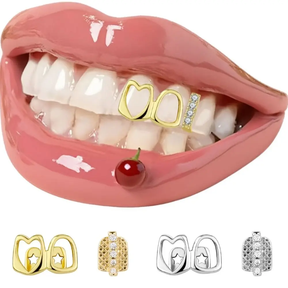 1/2pcs Hip Hop Hollow Heart Tooth Grillz Rhinestone Gold Color Dental Grills Tooth Caps Zircon Charm Teeth Grillz Daily