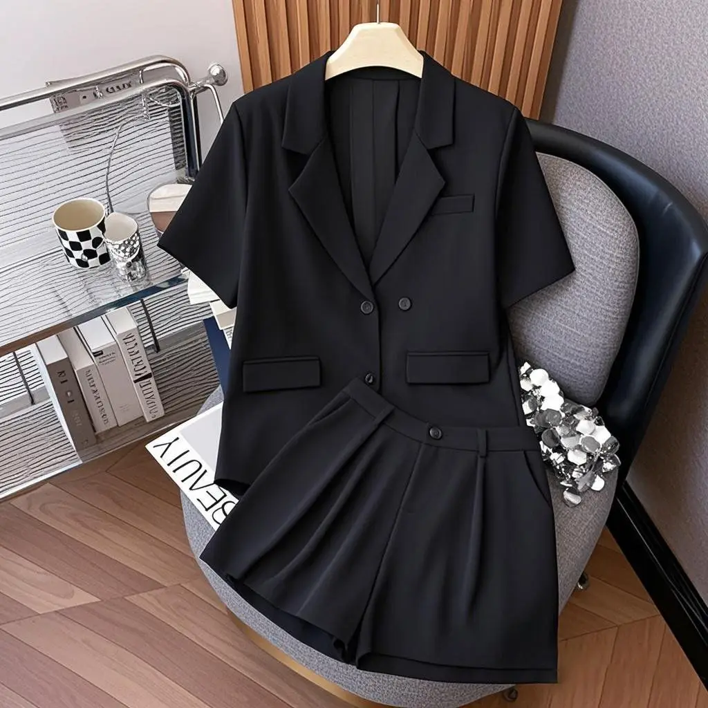 

2025 Summer Fashion Two Piece Suit Women New Loose Short Sleeve Blazers + Casual High Waist Shorts Woman Sets