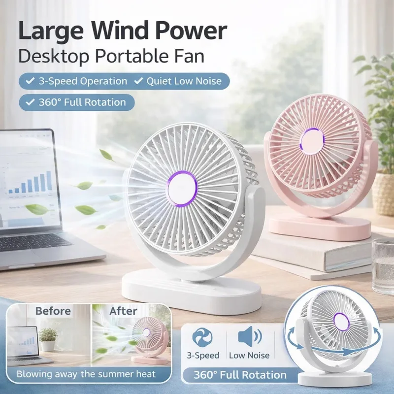 

Портативный настольный вентилятор для студентов, перезаряжаемый, с мощным потоком воздуха, для общежития и дома