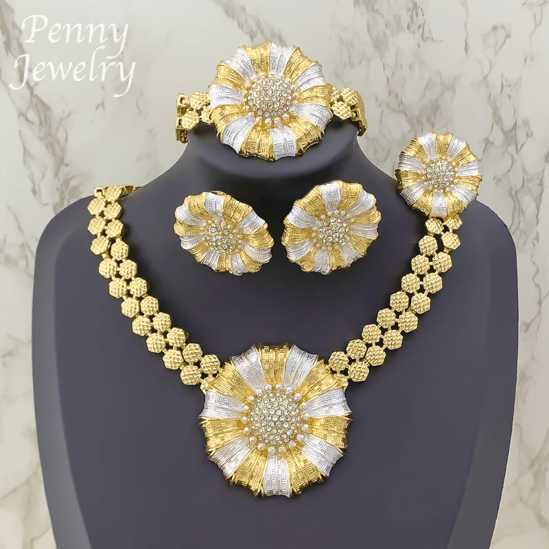 

Luxury Big Size Choker Collar Jewelry Set Two Tones Geometric Necklace Drop Earrings Bracelet Ring Bridal Wedding Party Gifts