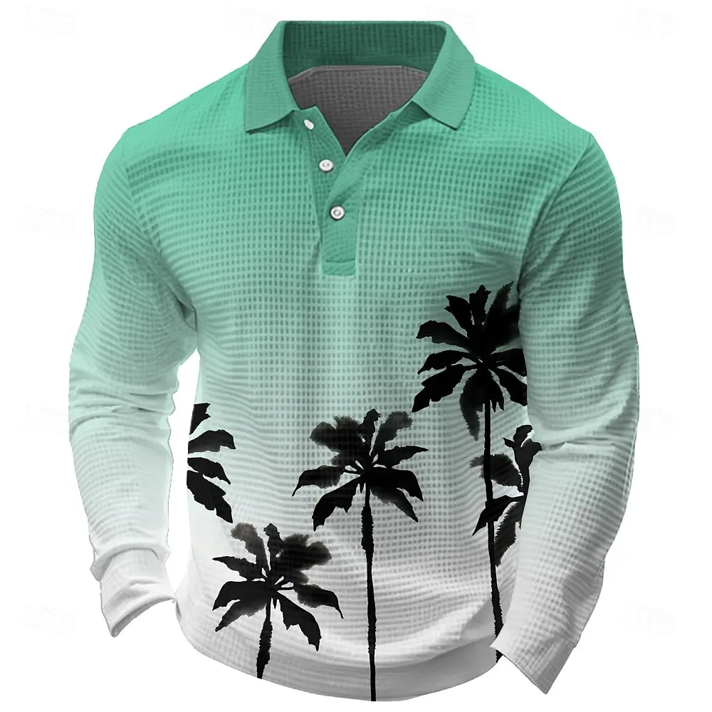 

3D Coconut Tree Gradient PrintedMen's Long Sleeve Polo Shirt Autumn Winter Outdoor Leisure Fashion Breathable Men Clothing Tops