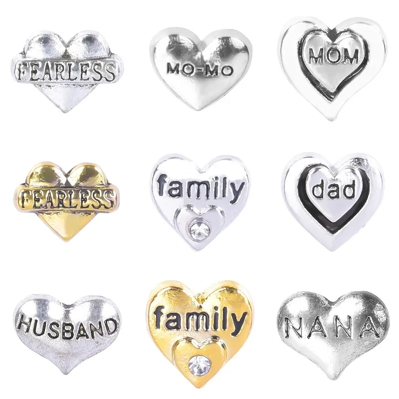 20Pcs Trendy Heart Shaped Letter Fearless Mom Dad Family Floating Charms For  Living Medaillon Locket Necklaces Jewelry