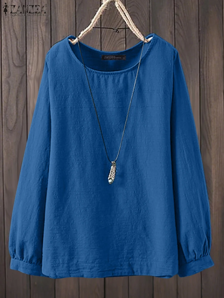 

ZANZEA, осенние блузки с длинными рукавами для женщин, повседневные блузки с круглым вырезом из хлопка и льна, дышащие Blusas Mujer, повседневная одежда, однотонный топ