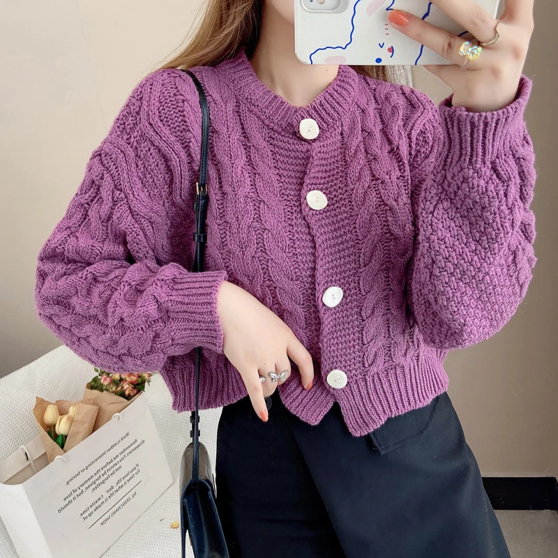 Twist Strickjacke Frauen Mode Lose Langarm Rosa Chic Tops Süße Tasten Feste Beiläufige Hübscher Stil Koreanische Jumper