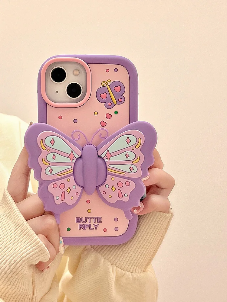 Ins Fashion Lovely Purple Butterfly Holder Stand Case For iPhone 17 15 14 13 16 Pro Max Soft Silicone Phone Cover