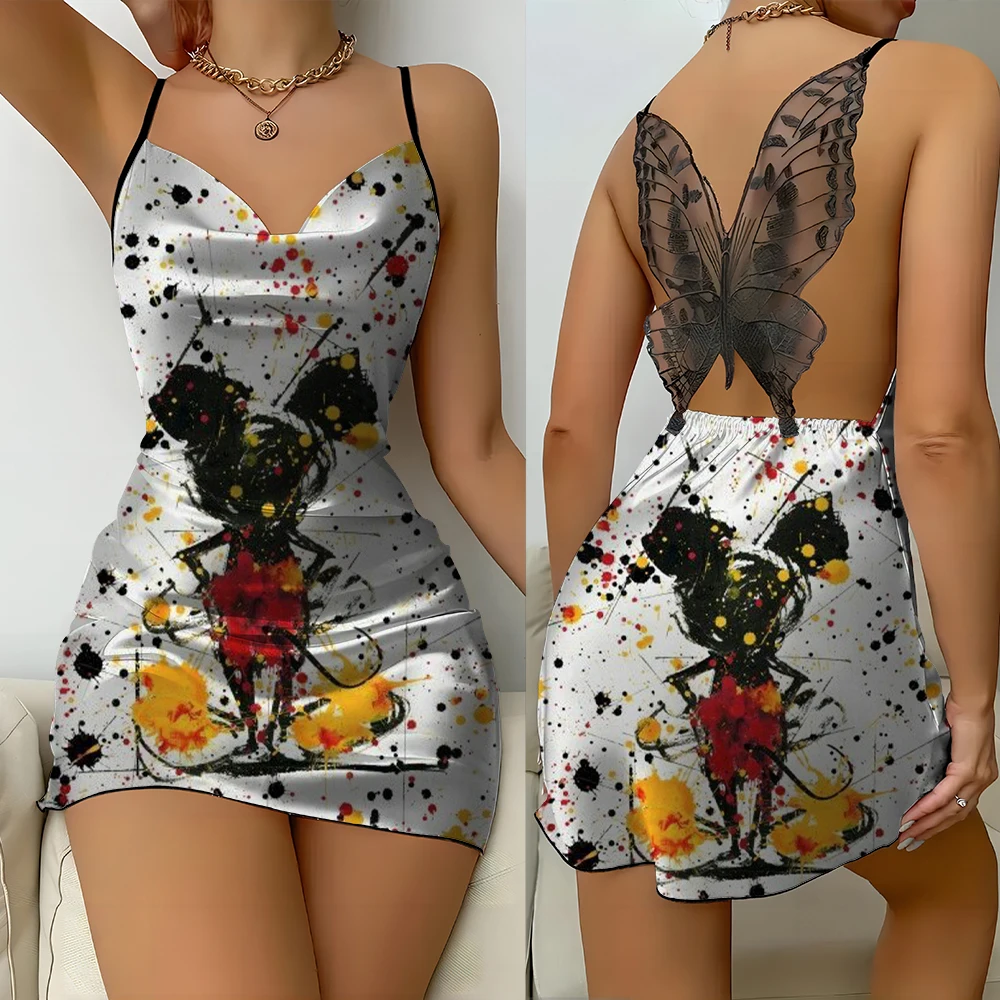 Summer Mickey Disney cartoon women sexy fashion print nightdress backless lace butterfly dress short skirt new home clothes