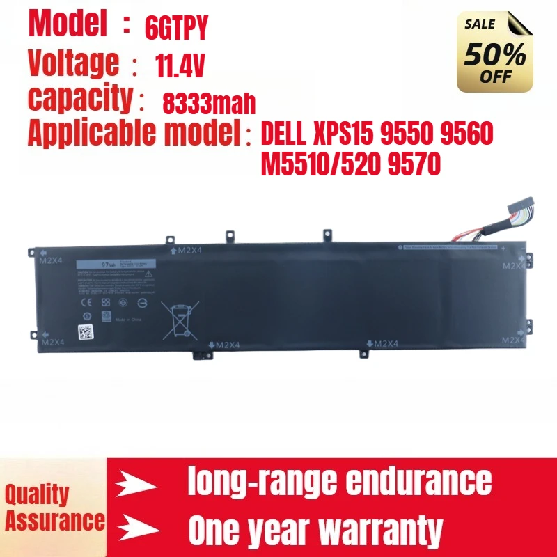 بطارية الكمبيوتر المحمول DELL XPS15 9550 9560 M5510/520 9570 6GTPY 11.4V 8333mah