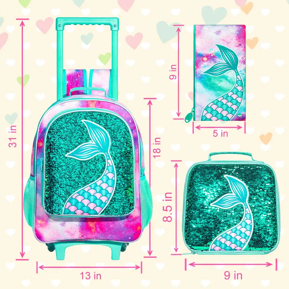 3PCS Rolling Backpack for Girls Kids Roller Wheels Bookbag with Lunch Bag Green Fish Tail Pattern Design Glow-in-the-dark Functi