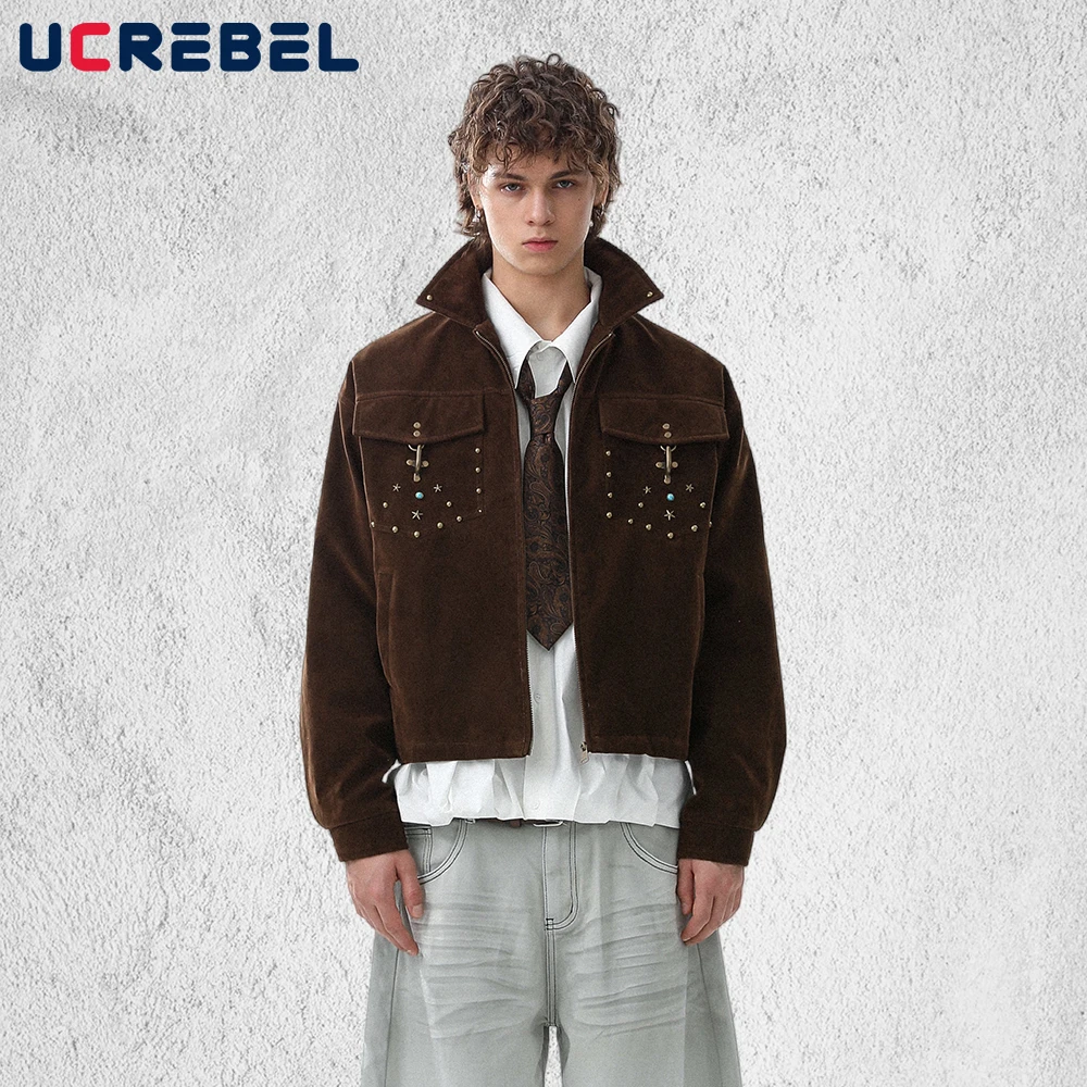 

Retro Pocket Down Jacket Mens with Rivets Winter Thick High Street Lapel Long Sleeve Quilted Jacket Man Outerwear