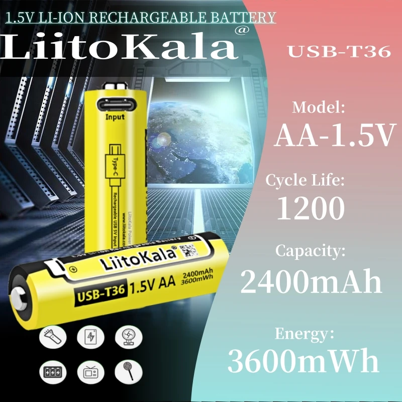 8pcs Liitokala USB-T36 AA 1.5V 3600mWh Large Capacity Lithium Rechargeable Battery Type-C USB Fast Charge for Mouse Toy