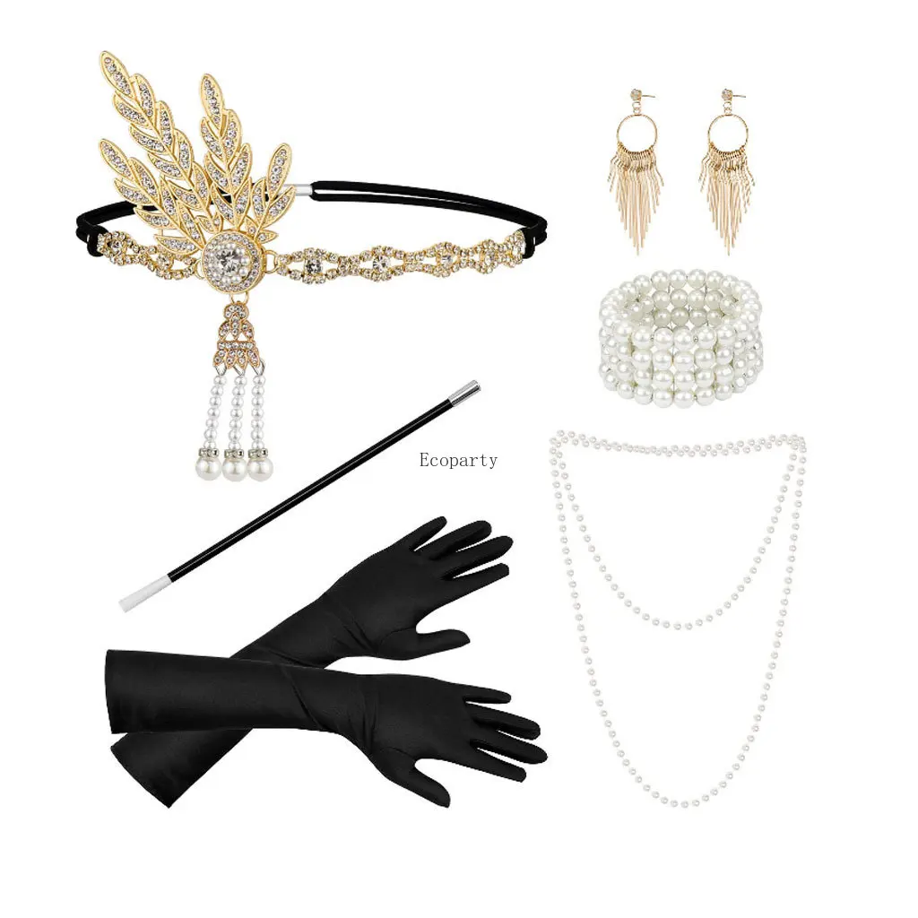 Ecoparty 39-1920s flapper acessórios conjunto gatsby traje acessórios great gatsby headbands bandeau cheveux accessoires femme