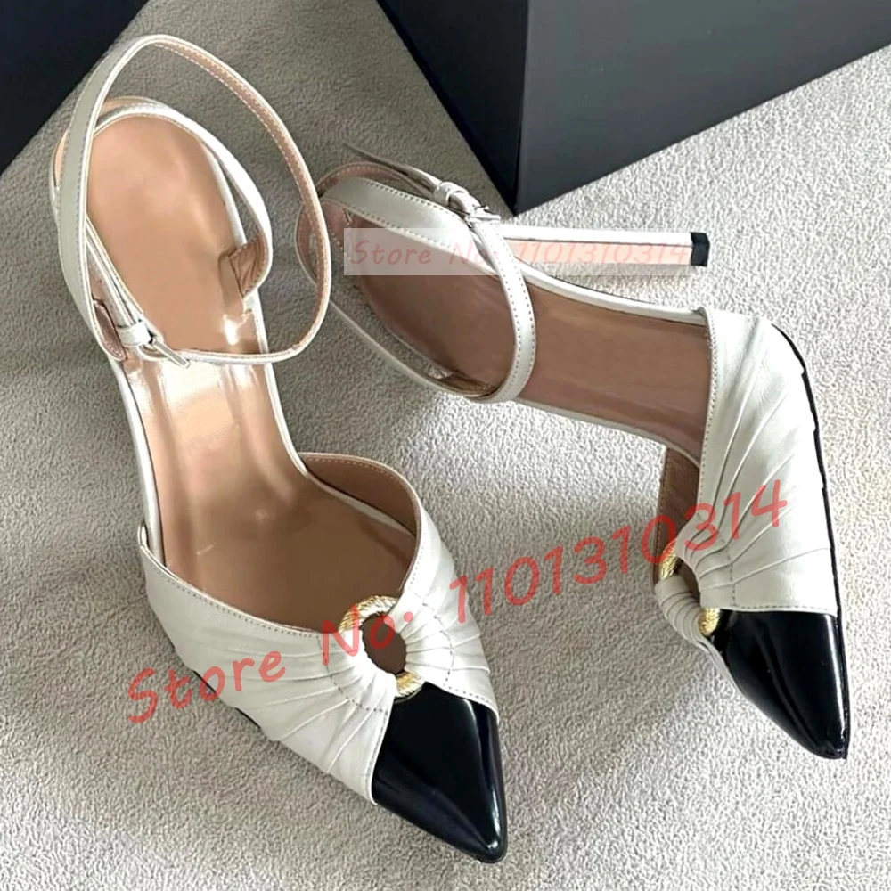 Black Pointy Toe White Heeled Sandals Women Metal Ring Toe Strap High Heels Shoes Summer Mixed Colors Pleated Upper New Sandals