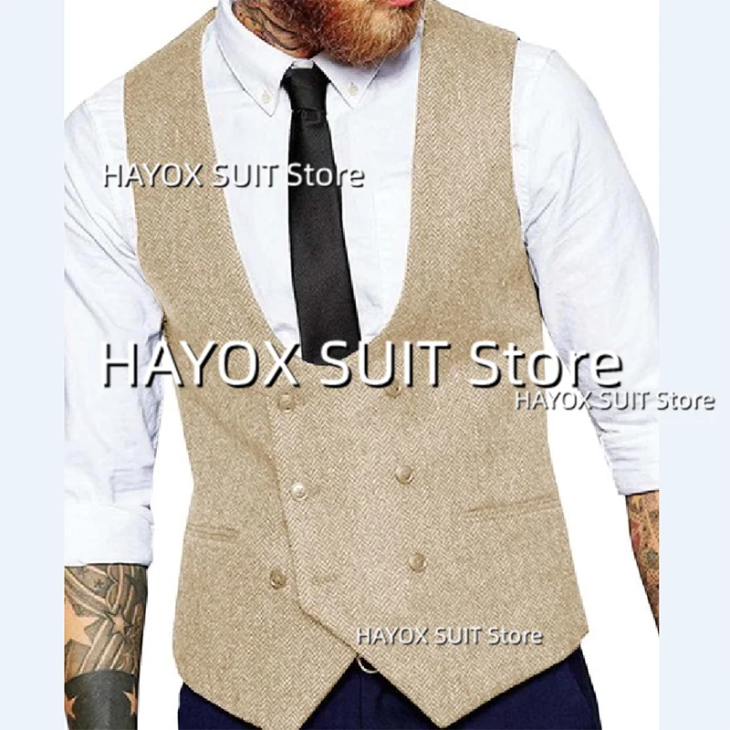 Men\'s Slim Fit Suit Vest Double Breasted Herringbone Tweed Tank TopSleeveless Jackets Vintage Tooling Tuxedo