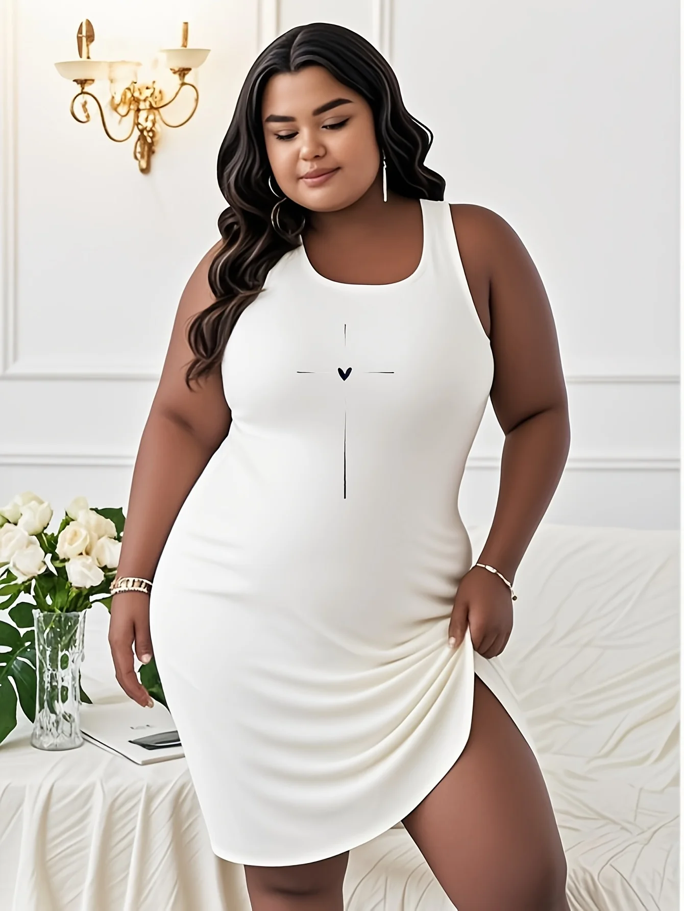 

Lady Summer plus size White Dress With Simple Design printed t shirt dress White Dress With Simple Design