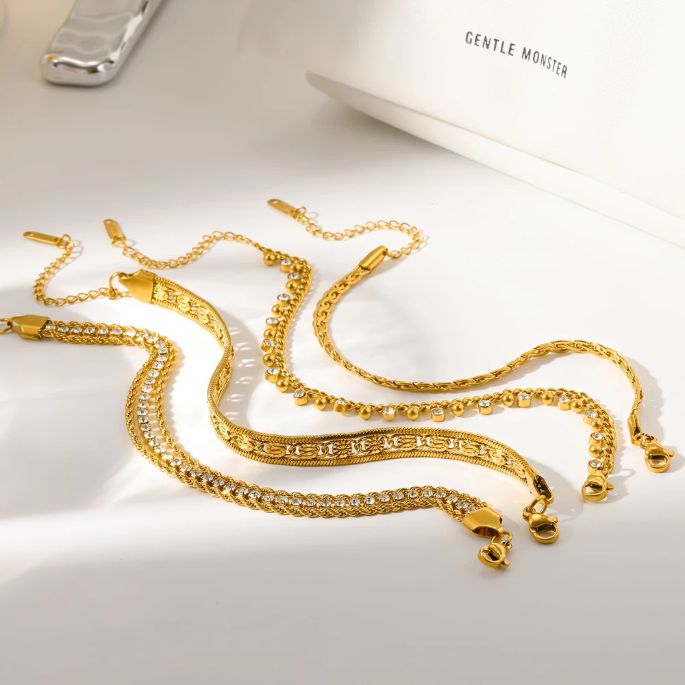 Modisches Edelstahl-Zirkon-Kettenarmband in Goldfarbe, wasserdicht, alltagstauglicher Schmuck, exquisites Luxusgeschenk – Detail 1