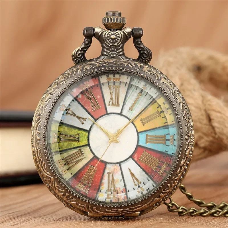 Bronze Colorful Dial Men Women Quartz Pocket Watch Necklace Chain Roman Number Display Transaparent Cover Half Hunter reloj